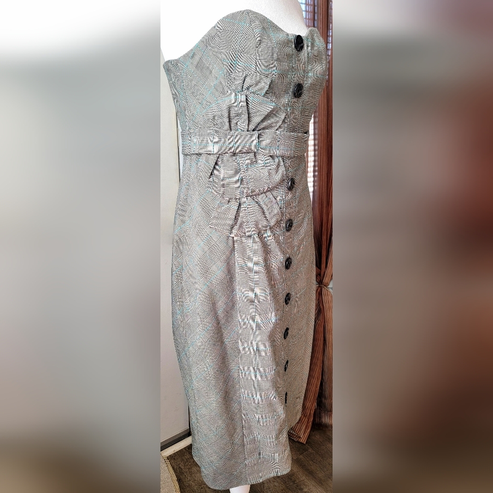 Anthropologie Floreat Doubly Adorned Plaid Strapless Midi Dress Womens 4 Grey Bl - Picture 2 of 14